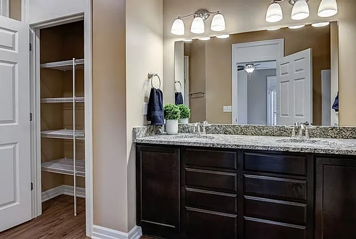 Elegant bathroom with dual sinks and granite countertops, featuring ample storage with a walk-in closet, highlighted by warm lighting.