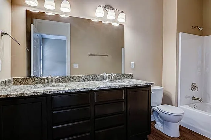 Elegant bathroom with a double vanity and granite countertop, featuring modern lighting and a sleek shower area.