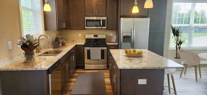 Modern kitchen with sleek dark wood cabinets, stainless steel appliances, and a stunning marble countertop featuring a bowl of fresh lemons. Bright and airy atmosphere complemented by large windows and elegant pendant lighting.