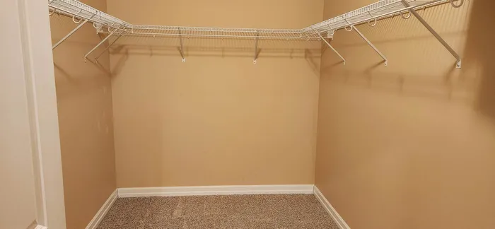 Spacious walk-in closet with ample shelving and clean carpeting, perfect for storage and organization.