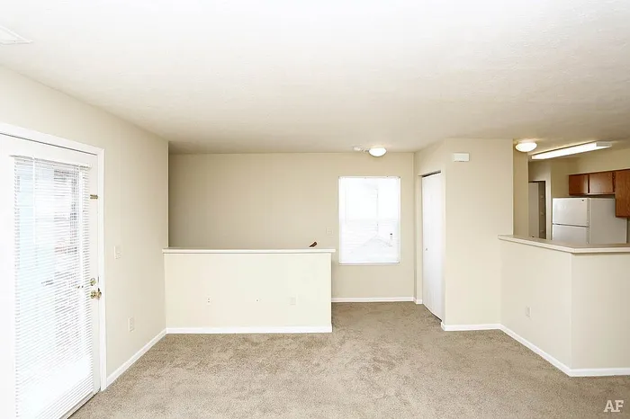 Bright and spacious living area with beige carpeting, large window, and an open kitchen featuring modern cabinetry and appliances.