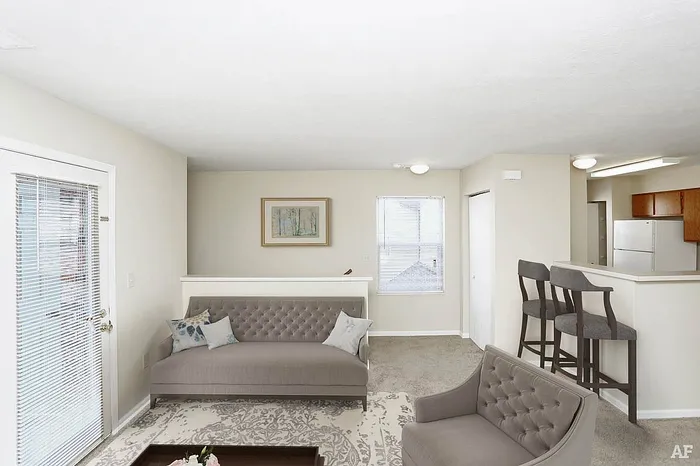 Bright and welcoming living space featuring elegant furniture, a cozy seating area, and a stylish kitchen bar with modern stools.