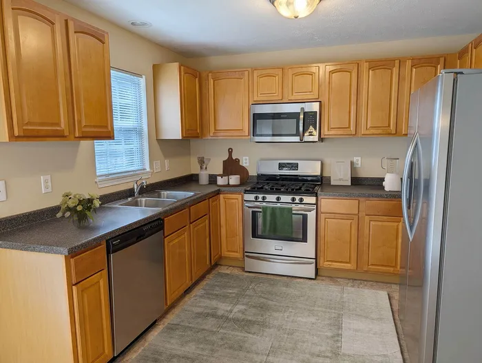 Bright and modern kitchen with sleek stainless steel appliances, warm wooden cabinets, and elegant countertops.