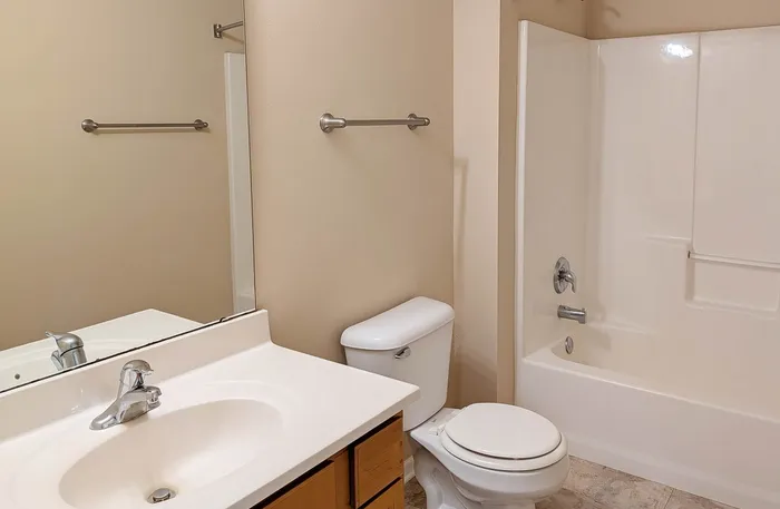 Elegant bathroom with sleek fixtures, a modern vanity, and a pristine shower-tub combo, perfect for relaxation.