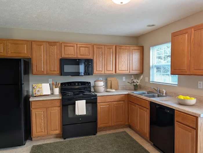 Inviting kitchen with warm wood cabinetry, sleek black appliances, and sunlit ambiance perfect for culinary creativity.