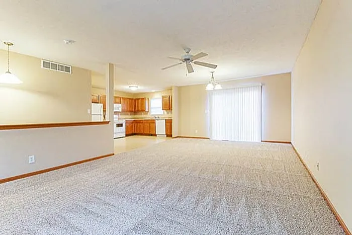 Bright and spacious open-concept living area with a cozy carpeted floor, modern kitchen with wood cabinets, and large sliding glass doors inviting natural light.