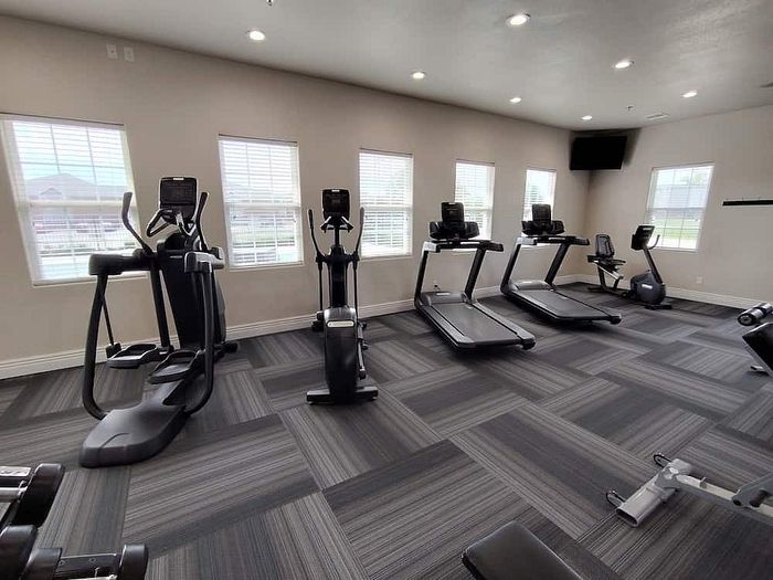 Bright and modern fitness center featuring state-of-the-art treadmills, ellipticals, and an inviting workout space.