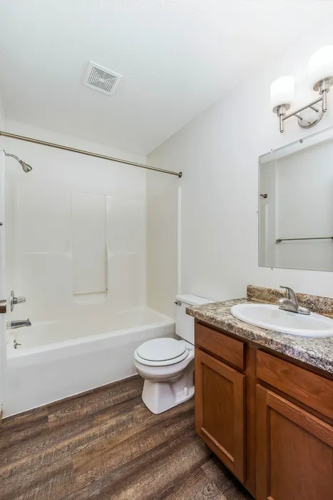 Contemporary bathroom showcasing sleek fixtures, elegant vanity with granite countertop, and rich wood flooring.