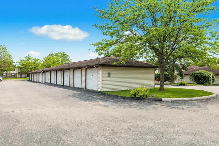 Charming residential community with multiple single-car garages, surrounded by lush greenery and under a clear blue sky.