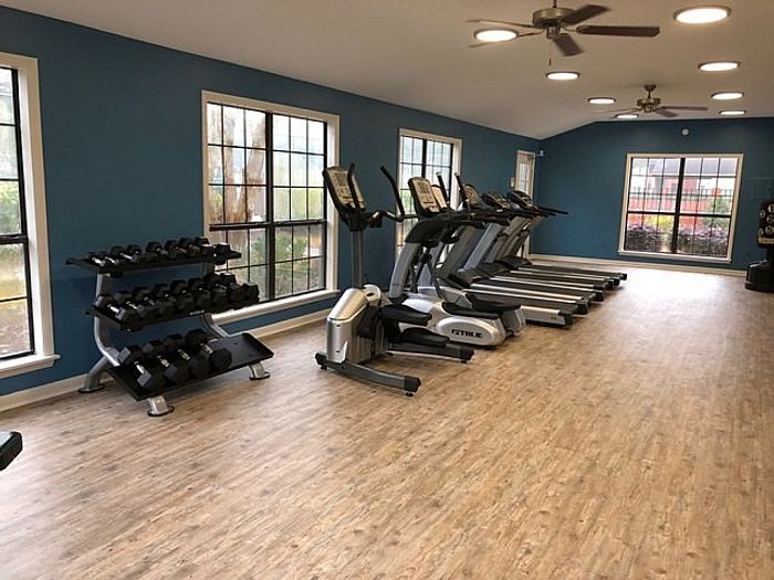 Modern fitness center featuring state-of-the-art treadmills, a full set of dumbbells, and large windows for natural light.