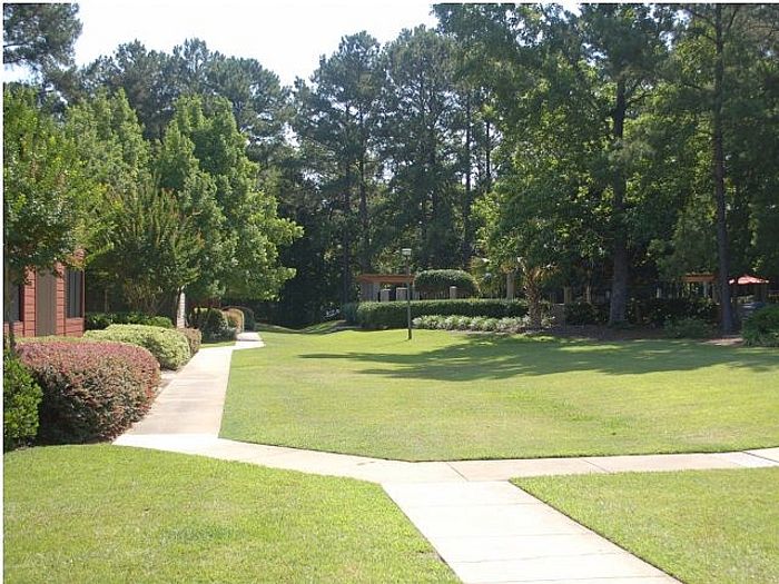 Serene and lush apartment courtyard with manicured lawns, surrounded by vibrant greenery and mature trees, creating a peaceful oasis.