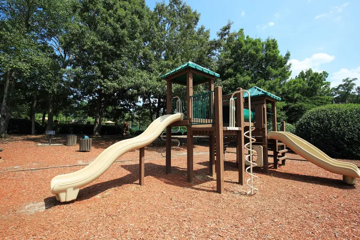 Inviting playground with wooden structures, multiple slides, and lush greenery, ideal for family fun.