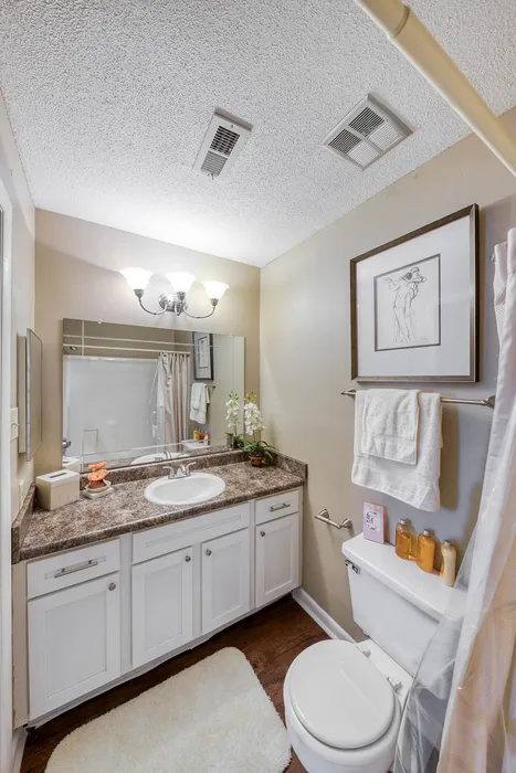Charming bathroom with elegant lighting, modern granite countertop, and sleek white cabinetry.