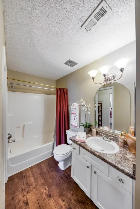 Charming bathroom interior with elegant vanity, granite countertop, and chic lighting. Features a cozy bathtub with a stylish red curtain and wood-look flooring.