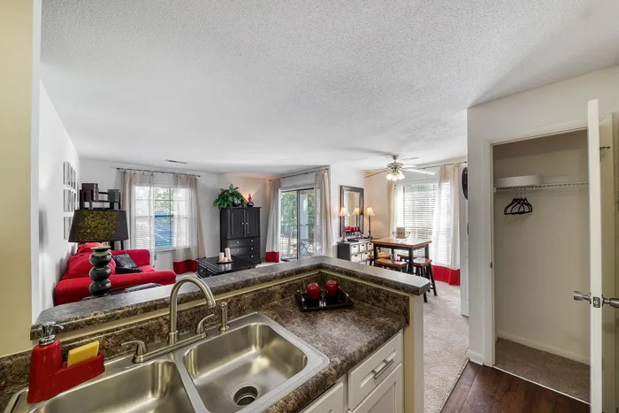 Inviting open-concept living area featuring a modern kitchen with dual sinks, cozy red sofa, and a bright dining space with elegant decor.