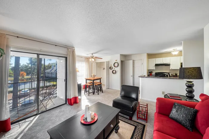 Bright and inviting living space with a red sofa, open kitchen, and large sliding glass doors leading to a balcony with scenic views.