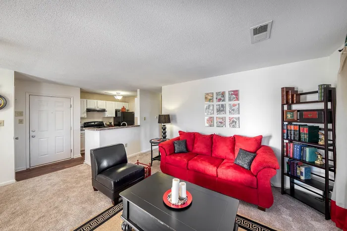 Charming living space with vibrant red sofa, sleek black chair, and cozy open kitchen, perfect for modern living.