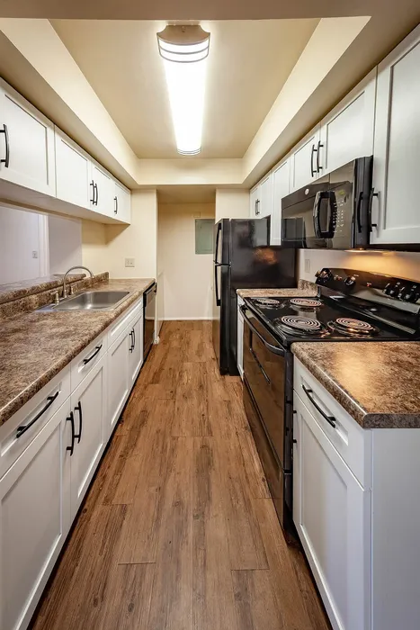 Modern kitchen with elegant wood flooring, sleek black appliances, and stylish white cabinetry offering ample storage.