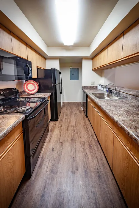 Elegant kitchen showcasing sleek black appliances, wooden cabinetry, and beautiful stone countertops, perfect for modern culinary adventures.