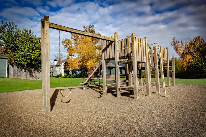 Charming playground with wooden swings and climbing structures, surrounded by lush greenery and autumn trees, perfect for family fun and outdoor enjoyment.