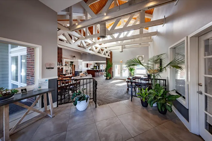 Sunlit community lounge featuring elegant high ceilings with exposed beams, modern furnishings, lush plant decor, and a spacious, inviting atmosphere.