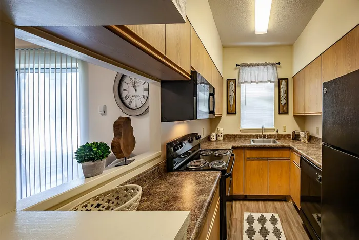 Charming kitchen with sleek black appliances, warm wooden cabinets, and stylish decor accents, offering a cozy and functional cooking space.