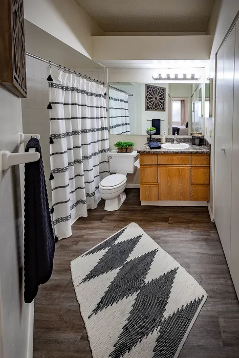 Inviting modern bathroom with elegant wood vanity, stylish striped shower curtain, and chic geometric rug, offering a cozy and functional ambiance.