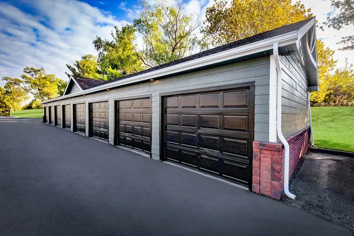 Modern multi-car garage with sleek black doors, surrounded by lush greenery and vibrant autumn colors.