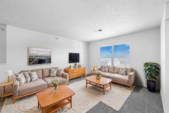 Bright and inviting living room with modern decor, two cozy sofas, and large windows offering abundant natural light.