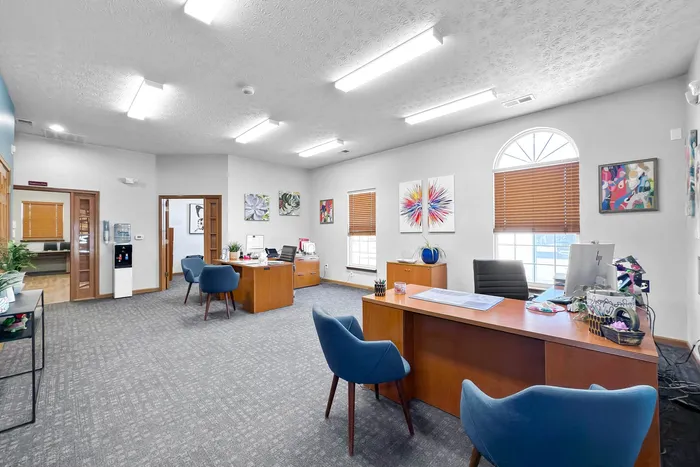 Bright and modern office space featuring stylish blue chairs, wooden desks, vibrant artwork, and ample natural light from large windows.
