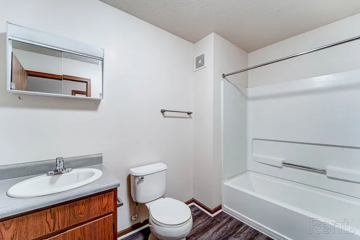 Bright and modern bathroom with sleek vanity, classic mirror, and pristine bathtub.