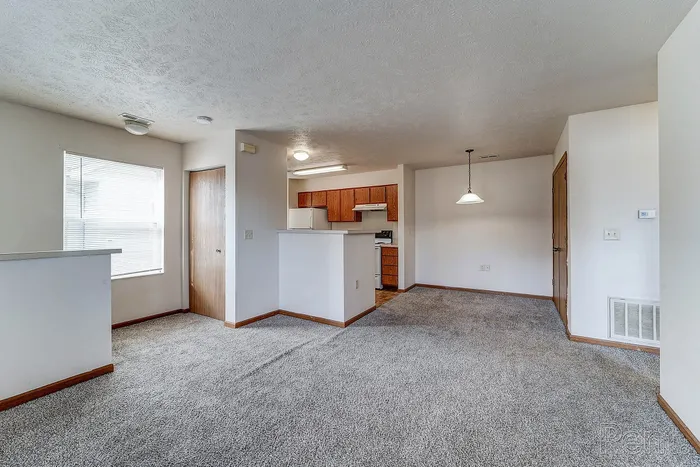 Inviting open-concept apartment with plush carpet, natural light, and modern kitchen featuring rich wooden cabinets.
