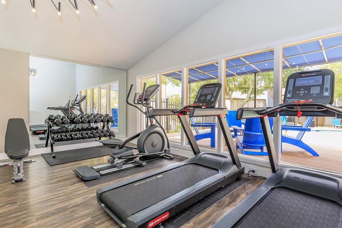 Bright, modern fitness center with state-of-the-art treadmills, elliptical machines, and a full set of dumbbells by large windows overlooking a scenic outdoor area.