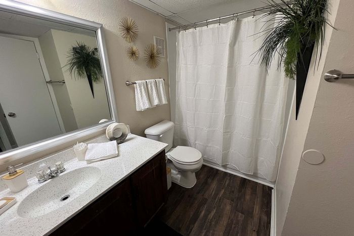 Elegant bathroom featuring a sleek countertop, large mirror, and stylish decor with wooden flooring.