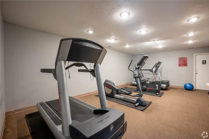 Modern fitness center with top-of-the-line treadmills and exercise equipment, providing a comfortable workout environment.