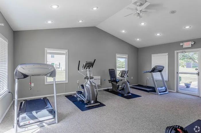 Bright and airy fitness room with state-of-the-art exercise machines, including treadmills and a stationary bike, under a vaulted ceiling with contemporary lighting.