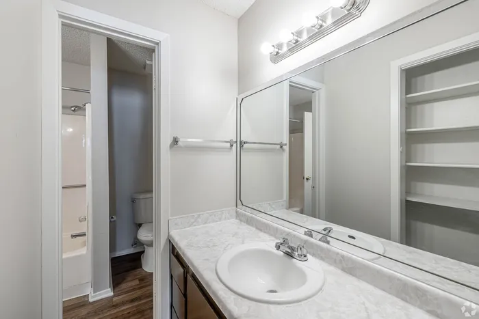 Contemporary bathroom with elegant vanity, sleek mirror, and ample shelving space, perfect for organizing essentials.