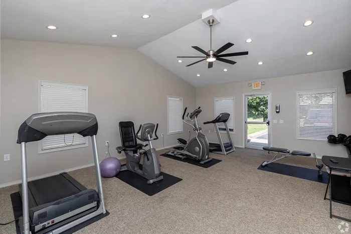 Bright, modern fitness room equipped with treadmills, exercise bikes, and free weights, perfect for energizing workouts.