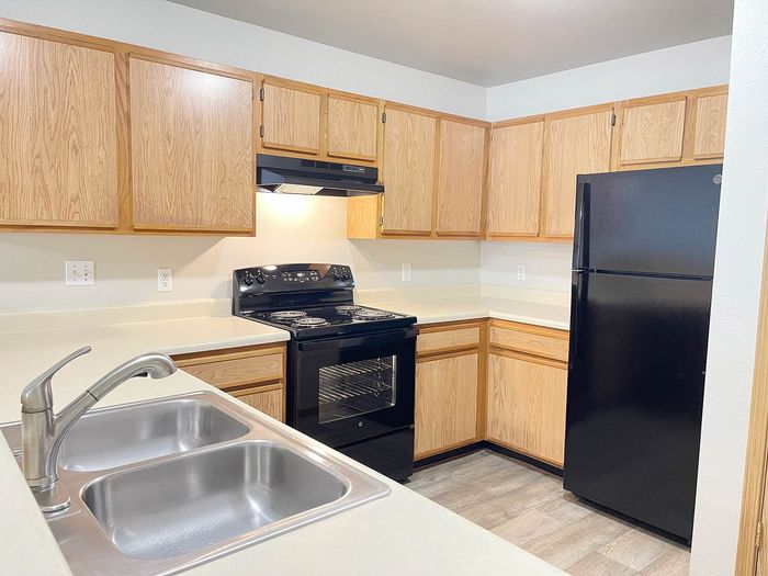 Modern kitchen featuring elegant wooden cabinets, sleek black appliances, and a spacious double sink for a contemporary living experience.