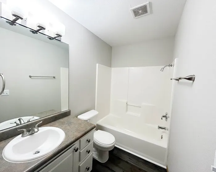 Modern bathroom with elegant fixtures, a spacious countertop, and a pristine bathtub in a bright and inviting space.