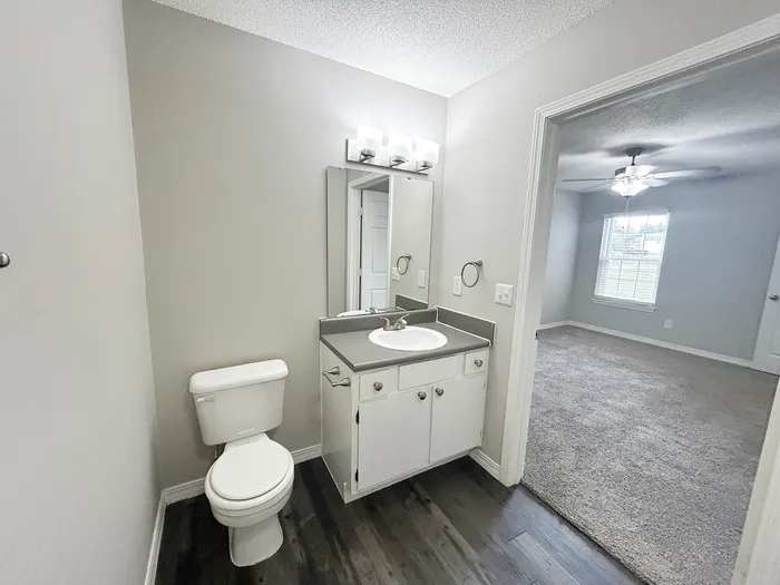 Bright, modern bathroom with sleek fixtures and a glimpse into a cozy, carpeted bedroom featuring natural light.