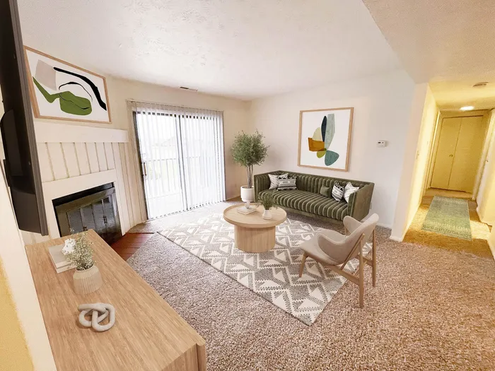 Inviting living room with cozy green sofa, chic decor, and natural light streaming through sliding glass doors.