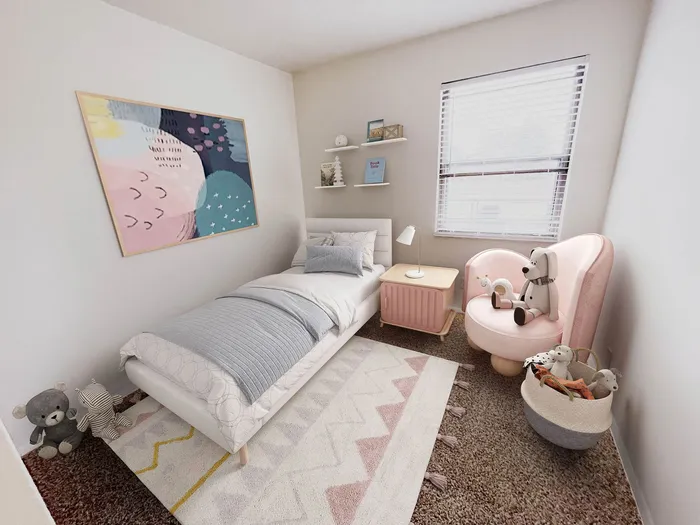 Charming children's bedroom with cozy bed, pastel decor, and playful toys. Features a stylish pink chair and vibrant wall art.