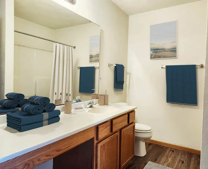 Elegantly designed bathroom featuring a large mirror, sleek countertop, and plush blue towels adding a pop of color.