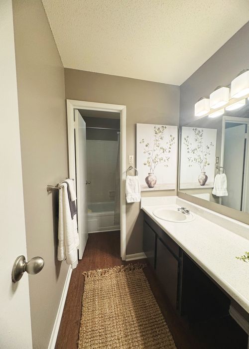 Elegant bathroom with modern lighting, spacious countertop, decorative art, and inviting wooden flooring.