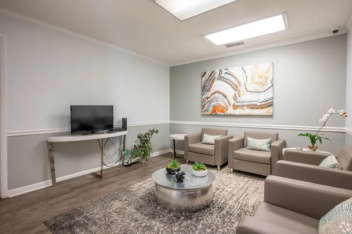 Modern living room with elegant gray armchairs, a sleek silver coffee table, and vibrant abstract wall art, creating a cozy and inviting ambiance.