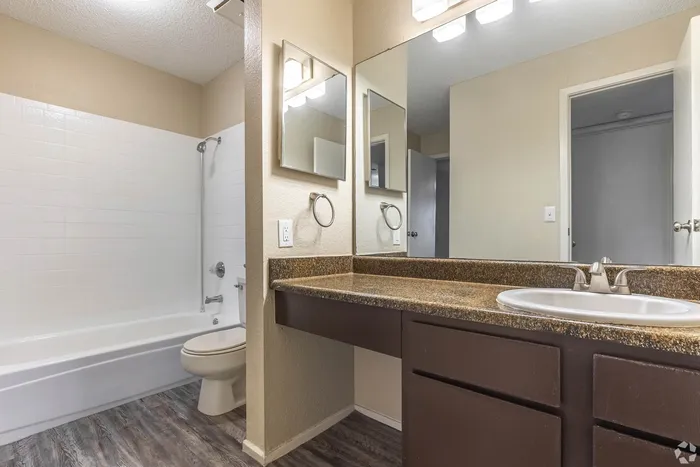 Elegant bathroom featuring modern fixtures, sleek granite countertop, and shining wood-style flooring.