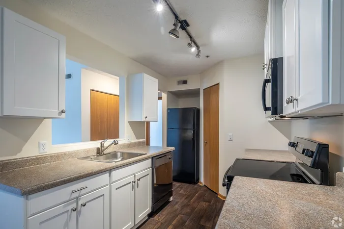 Modern kitchen with sleek countertops, stainless steel appliances, and track lighting for a contemporary look.