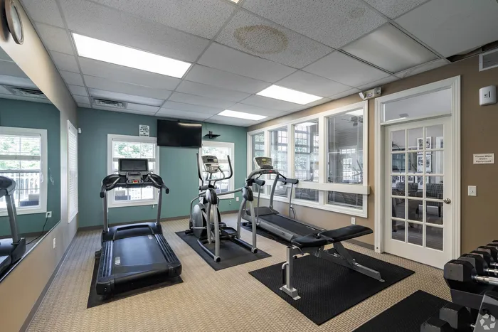 Modern fitness room with updated cardio equipment, ample natural light, and sleek finishes.