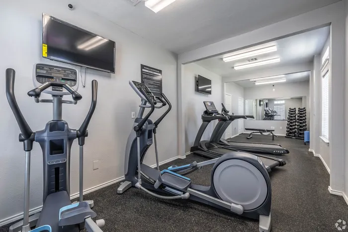 Modern fitness center featuring state-of-the-art elliptical machines, treadmills, and a selection of free weights in a bright, spacious setting.
